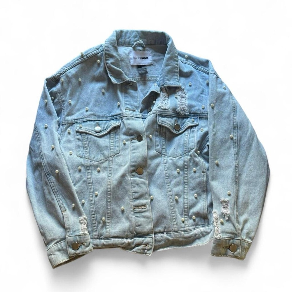 Fashion Nova S Light Blue Pearl-Studded Oversized Jacket